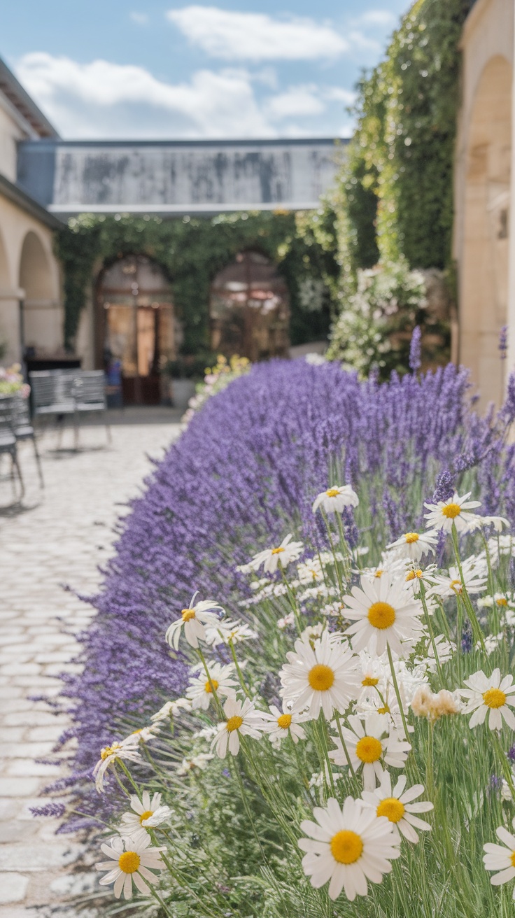 A picturesque courtyard garden featuring lavender and daisies in full bloom.