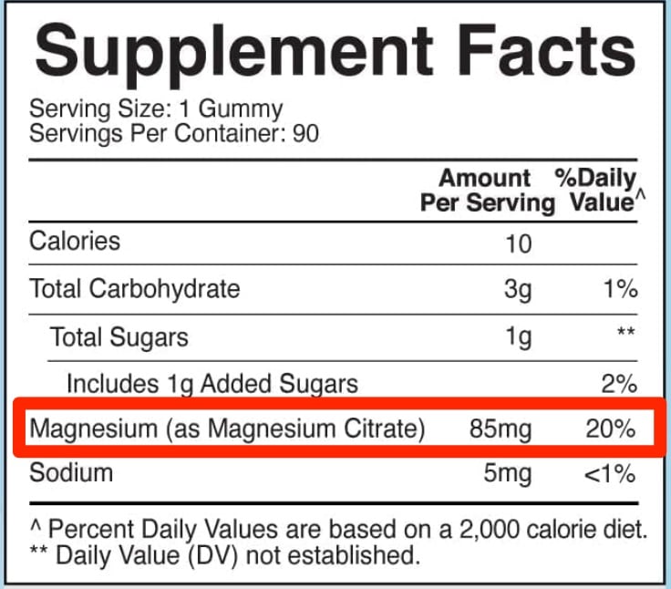 Example of a label on a magnesium supplement for children. Magnesium is noted as the mg of magnesium, with the salt specified (magnesium citrate)