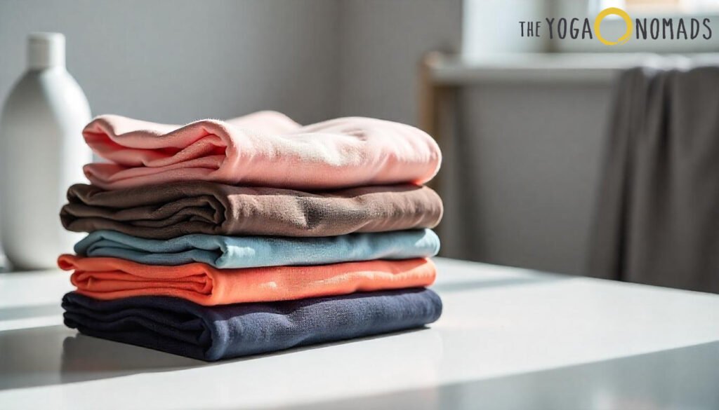 Best FP Movement Yoga Pants: Top 5 Free People Movement Leggings FP Movement Yoga Pants 7 A neatly folded stack of FP Movement yoga pants in soft, varied hues—light pink, brown, light blue, coral, and dark blue—rests on a clean white surface. The gradient arrangement highlights the collection’s vibrant color range and fabric quality. In the softly lit background, a blurred white bottle and a window add subtle ambiance. 'THE YOGA NOMADS' branding appears in the top right corner, reinforcing the stylish and curated tone of the featured yoga apparel
