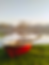 A misty winter scene of a small lake with a red row boat in the foreground on the lakeside grass with an oar.
