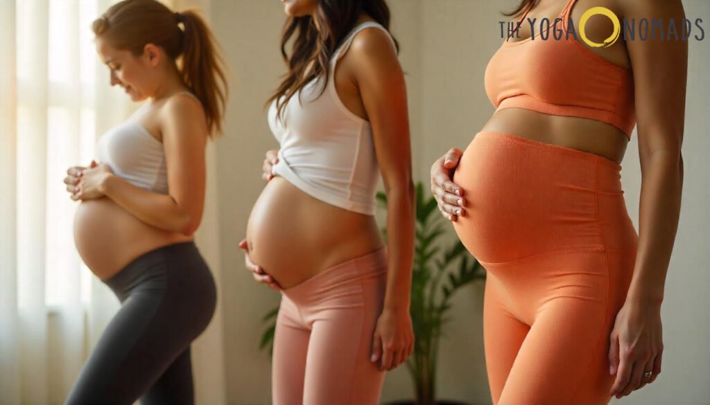 Best Maternity Yoga Pants: Top 7 Comfortable Options for Moms-to-Be best maternity yoga pants 2 "Three pregnant women stand side by side in a softly lit space with neutral tones. Each wears a different maternity yoga outfit: the woman on the left sports a white tank top with dark gray leggings, the middle one wears a white tank top paired with peach-toned pants, and the woman on the right is dressed in a matching burnt orange set. Their relaxed postures and coordinated outfits highlight comfort, support, and style tailored for expectant mothers. A leafy green plant and a window in the background add warmth to the serene setting.