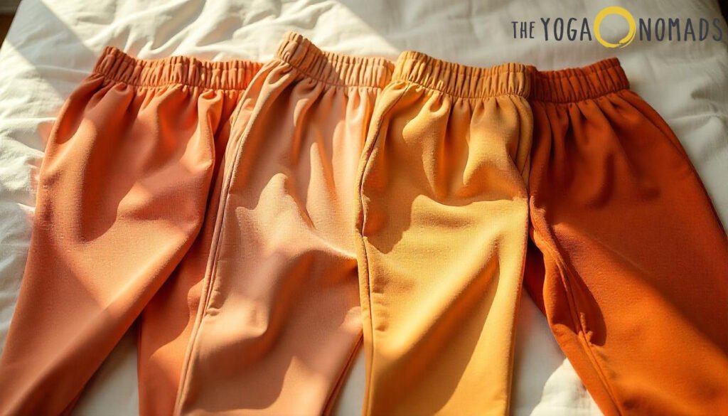 Best Maternity Yoga Pants: Top 7 Comfortable Options for Moms-to-Be best maternity yoga pants 3 "Four pairs of maternity yoga pants in various shades of orange—from light peach to deep terracotta—are laid flat side by side on a clean white surface. Each pair features a soft, over-the-bump waistband designed for comfort and support during pregnancy. The arrangement showcases the color variety and stretchable fit ideal for expecting mothers.