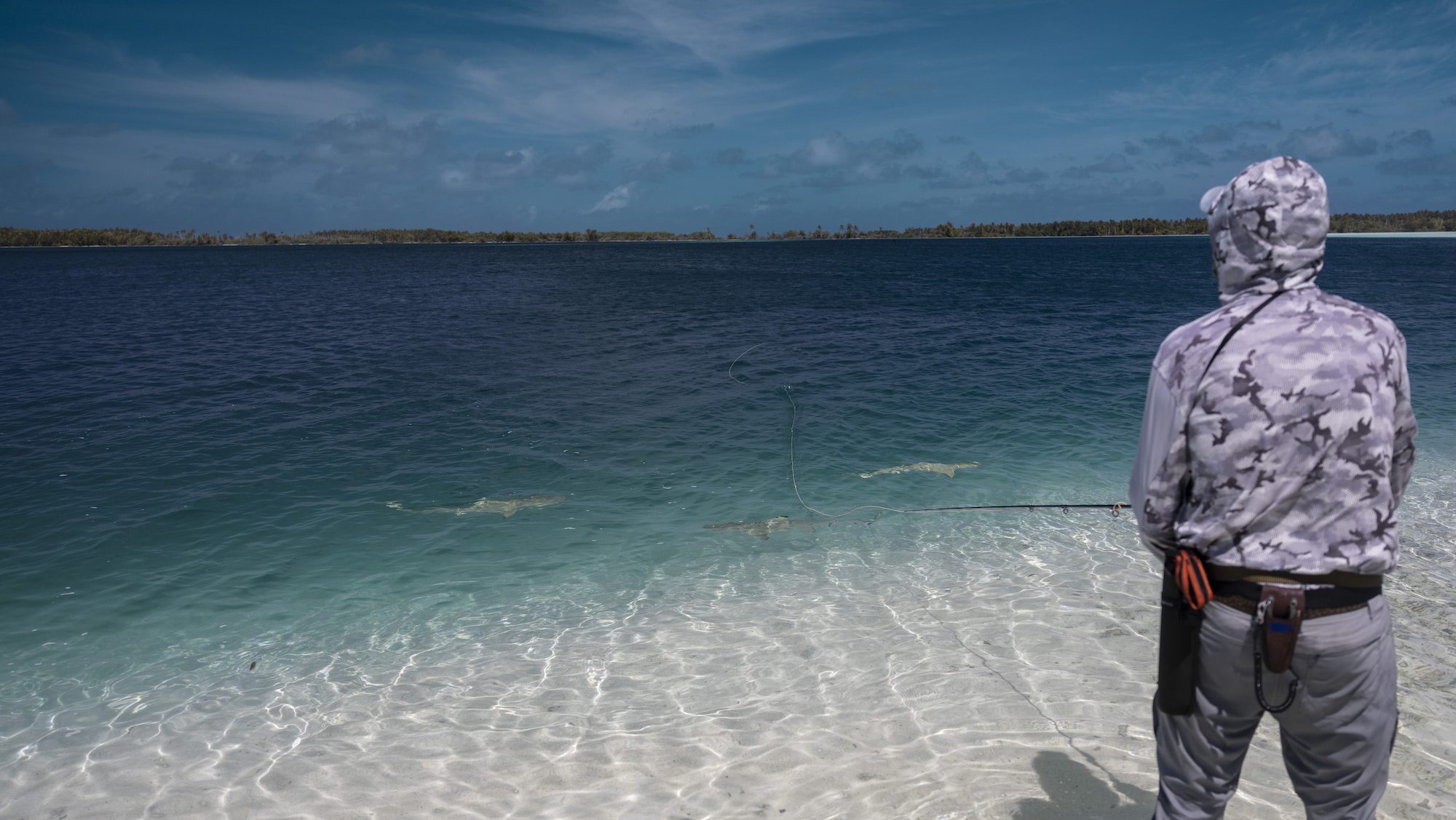 A man stands in shallow water with a fishing rod. There are fish in the water beyond him.