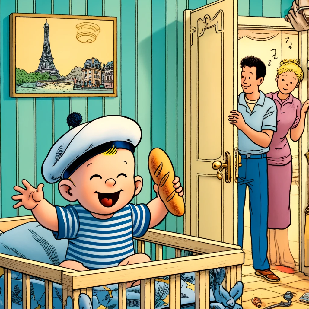 A French baby playing in his crib while his parents are using "Le Pause" and not rushing in