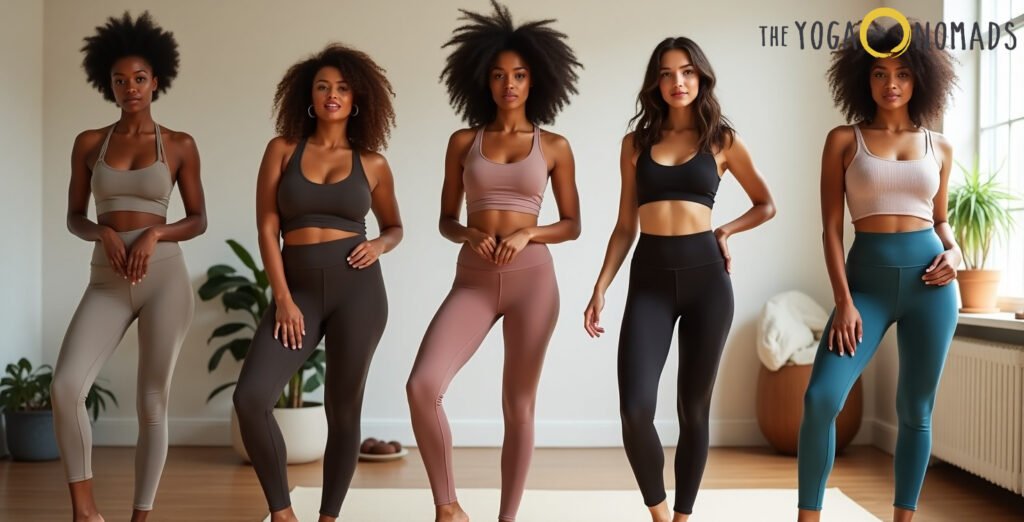 Best FP Movement Yoga Pants: Top 5 Free People Movement Leggings FP Movement Yoga Pants 1 Five individuals stand in a bright, airy space with light wooden flooring and large windows, dressed in varied styles and colors of FP Movement yoga pants and sports bras. The pants range in hues from beige and deep brown to pink, black, and teal, each paired with a coordinated or contrasting top. Potted plants and minimalist decor accentuate the relaxed yet fashionable environment. The diversity in cuts and colors highlights FP Movement’s emphasis on stylish flexibility and personal expression through activewear.