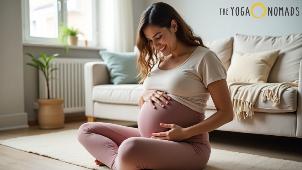 Best Maternity Yoga Pants: Top 7 Comfortable Options for Moms-to-Be best maternity yoga pants 1 "A pregnant woman sits cross-legged on a soft, light-toned rug in a cozy, sunlit living room. She wears a relaxed beige t-shirt and rose-colored maternity yoga pants, gently holding her belly with both hands. Behind her is a beige couch adorned with neutral cushions and a throw blanket, while a leafy green potted plant stands near a window. The atmosphere feels calm and nurturing, highlighting comfort and style in maternity activewear.