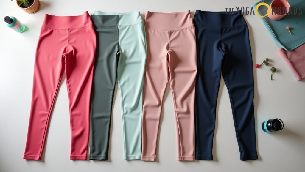 Best Yoga Pants for Specific Needs: Top 9 Picks for Hot Yoga and Booty Shaping best yoga pants for specific needs 2 Four pairs of yoga leggings in coral pink, sage green, light pink, and navy blue are laid out side by side on a flat surface. Surrounding them are lifestyle items including a water bottle, a small potted plant, a pink cup, a teal towel, and scattered small flowers. The composition is bright and inviting, with ‘THE YOGA NOMADS’ branding in the top right corner. The image visually supports an article on the best yoga pants for specific needs by highlighting color variety and a wellness-oriented aesthetic.