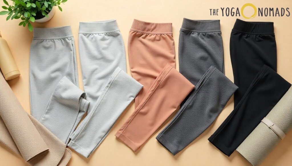 Best Gray Yoga Pants: Top 5 Stylish Picks for Your Workout best gray yoga pants 2 A curated selection of six yoga pants in varying shades of gray, peach, and black is arranged in a fan-like layout on a light beige surface. The collection emphasizes the versatility of gray tones, with light, medium, and dark gray options prominently featured. Neutral-toned yoga mats and a small green potted plant surround the display, evoking a serene and mindful fitness setting. In the top right corner, the 'THE YOGA NOMADS' logo appears, with 'YOGA' highlighted in yellow beside a sun-like yellow circle, reinforcing the brand’s focus on wellness and intentional living.