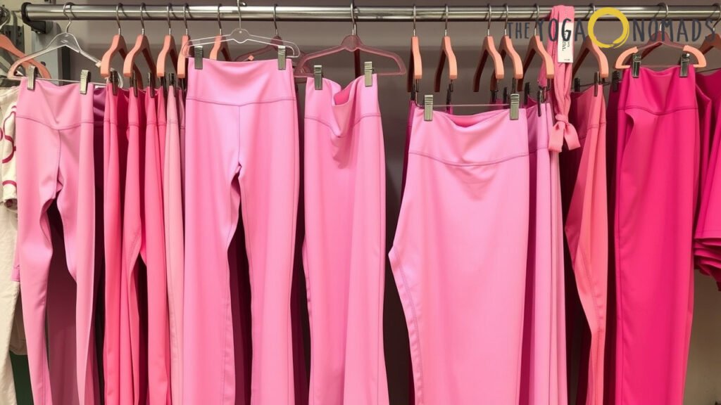 A clothing rack displays multiple pairs of pink yoga leggings hanging neatly on wooden hangers. The leggings vary in shade from light to dark pink, showcasing a range of tones suitable for different preferences. The organized retail setting features a partial view of a white wall, creating a clean and minimal backdrop. The image highlights the variety and appeal of pink yoga pants, ideal for selecting styles tailored to specific fitness or lifestyle needs.