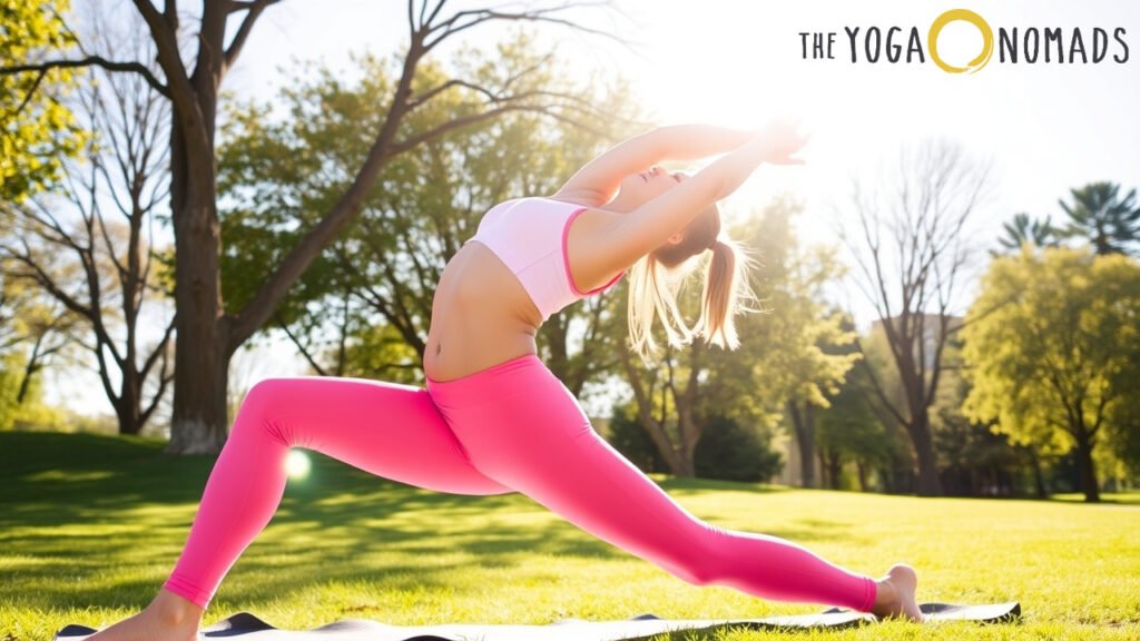 A person practices yoga outdoors in a lush park setting, performing a high lunge pose with arms extended overhead. They are dressed in a bright pink sports outfit, standing on vibrant green grass surrounded by tall trees. Sunlight filters through the scene, casting a warm glow and creating a peaceful, energizing atmosphere. The image emphasizes the vibrancy and functionality of pink yoga pants in natural, active environments.