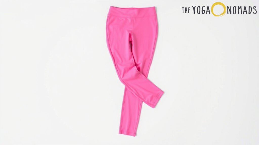 A pair of bright pink full-length yoga pants is laid flat on a clean white background. The fitted design and smooth fabric suggest stretch and comfort, ideal for athletic or yoga activities. The image highlights the bold color and sleek silhouette of pink yoga pants, making it suitable for content focused on selecting the best options for specific fitness or lifestyle needs.