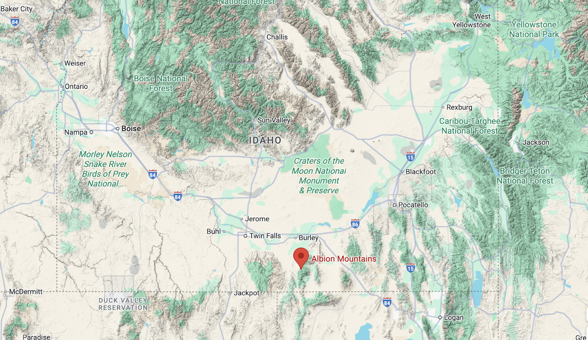 A map with the Albion Mountains pinned