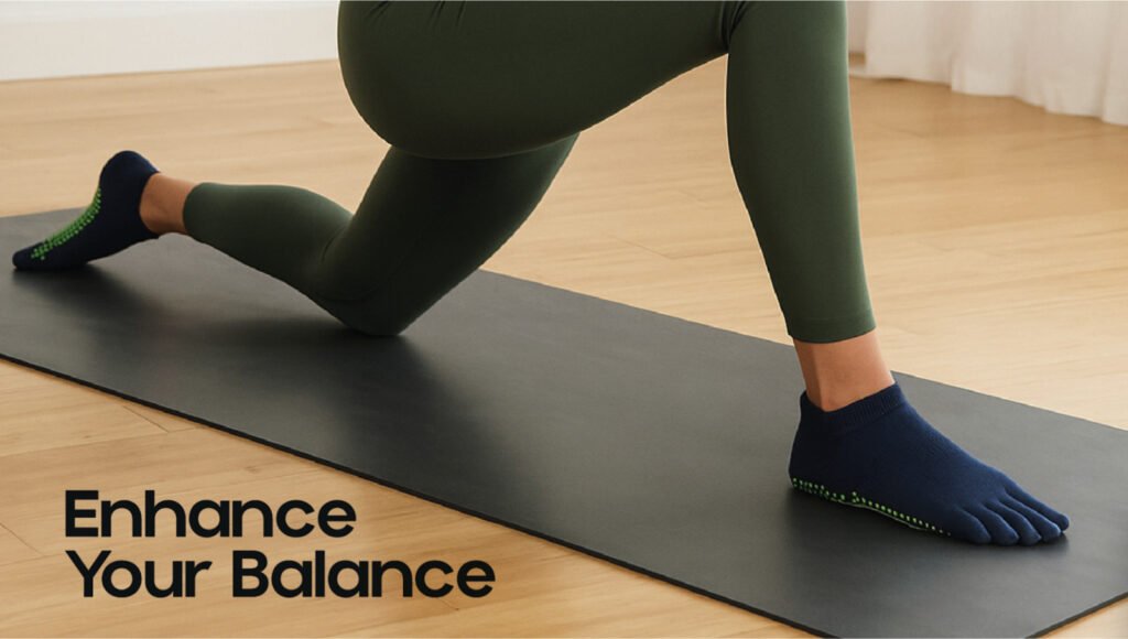 Yoga Grip Socks Guide: Non-Slip Performance & Toe Separation yoga grip socks 2 A person performs a lunge stretch on a black exercise mat indoors, wearing dark green leggings and navy blue yoga grip socks with green non-slip dots on the soles. The socks feature individual toe separation, enhancing stability and traction. The room has a wooden floor and white curtains, creating a clean and focused environment. In the bottom left corner, the text 'Enhance Your Balance' is prominently displayed. The image highlights the functional design of grip socks for improved balance and control during yoga or pilates practice.