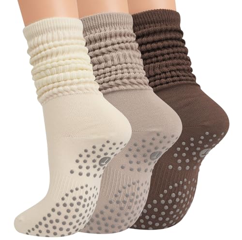 Grip Pilates Socks for Women, Yoga Slouch Socks with Grip for Barre Workout Hospital Long Scrunch...