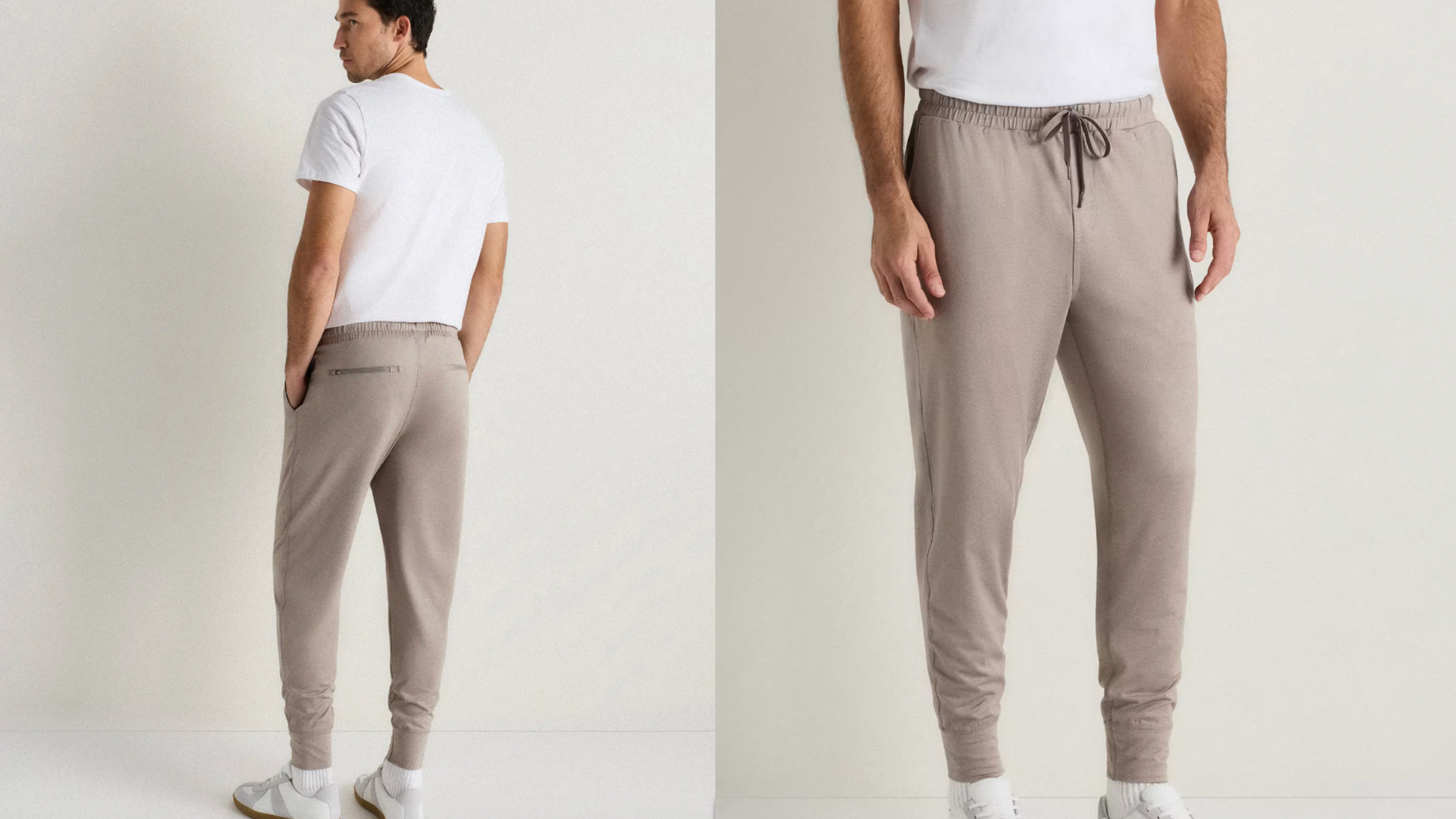 composite image of man in tan men's yoga pants and white shirt