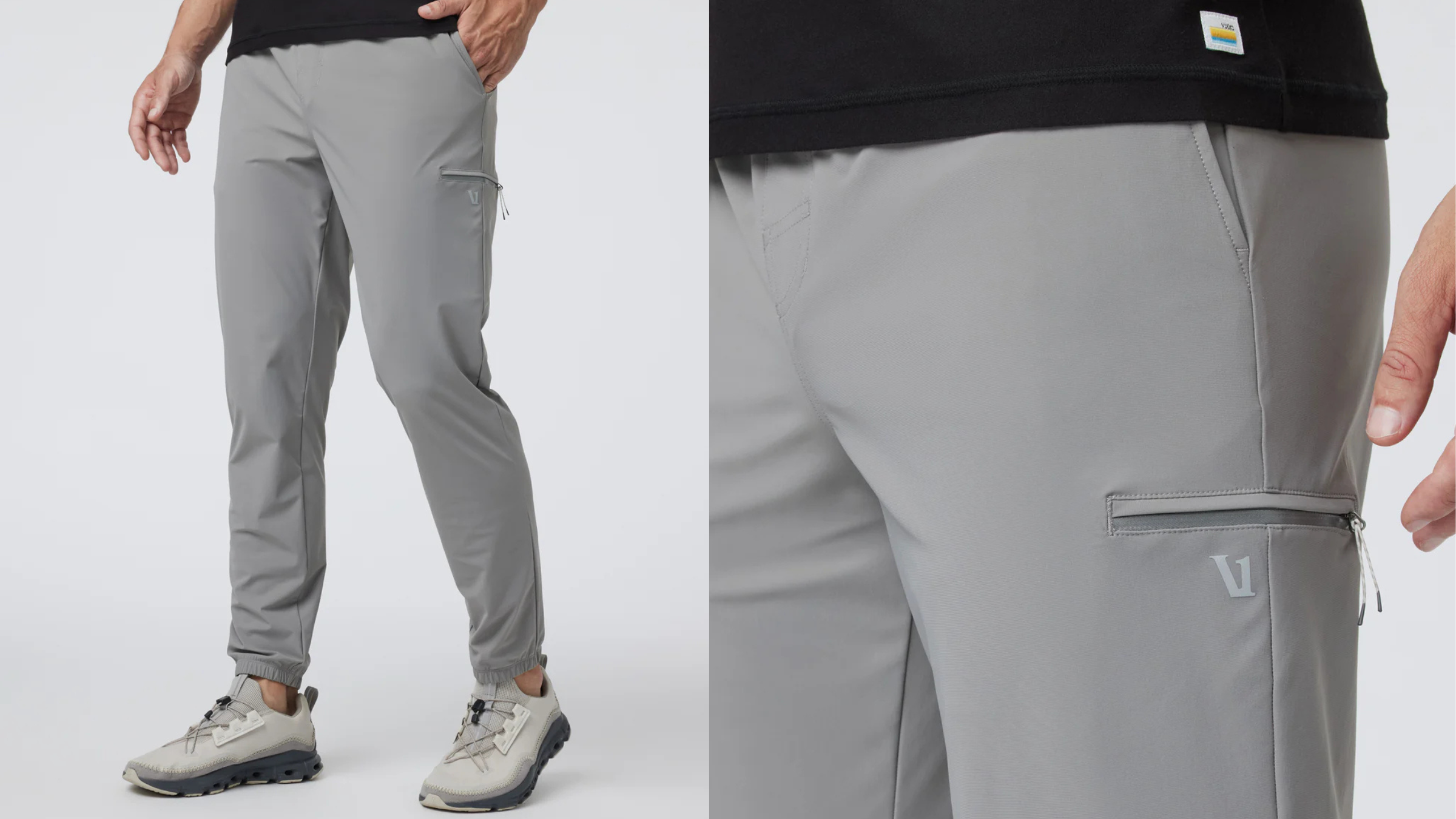 composite image of bottom half of man in gray yoga pants with hand in pocket