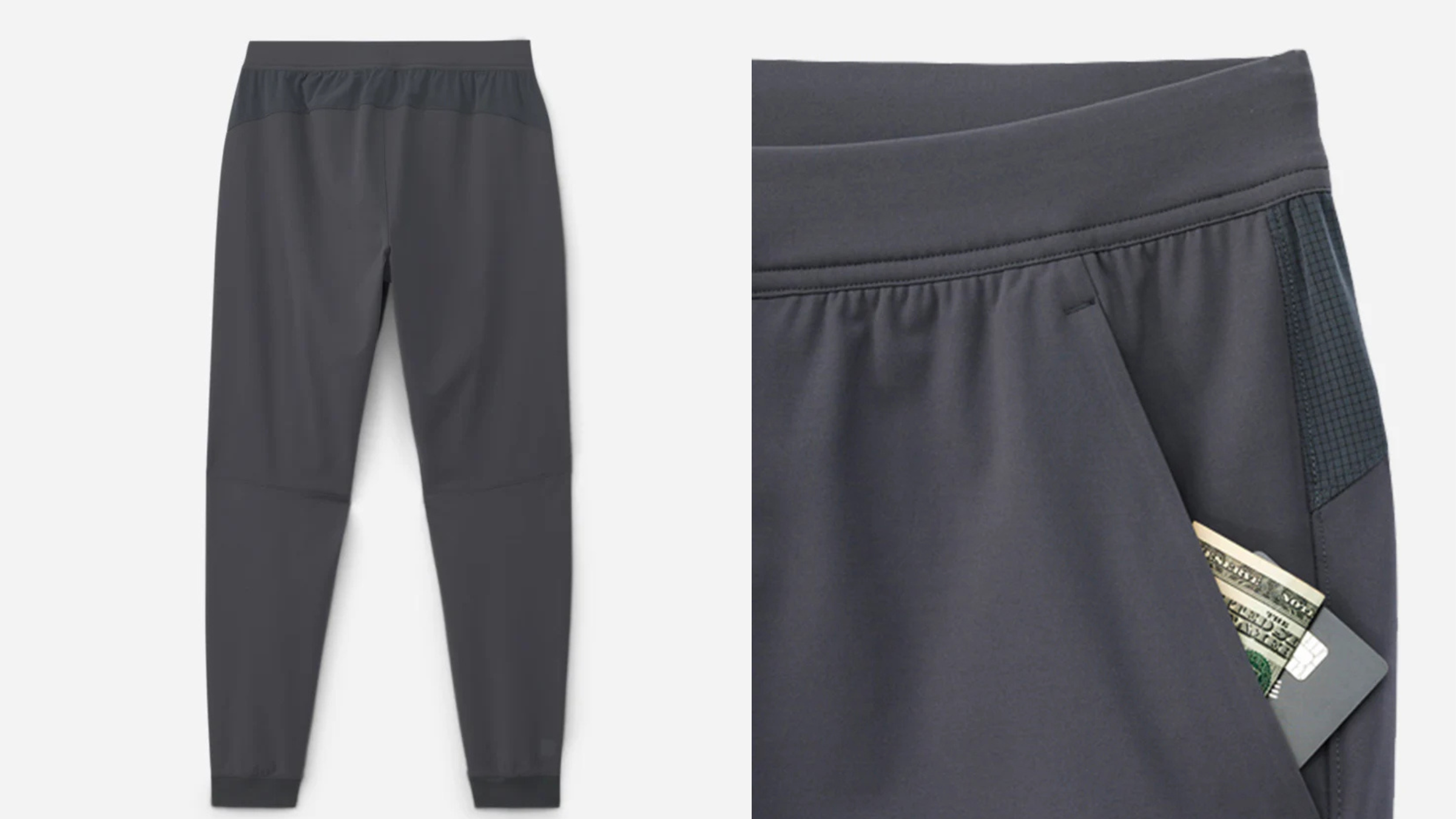 composite image of gray men's yoga pants from Ten Thousand and close-up of pocket with cash sticking out