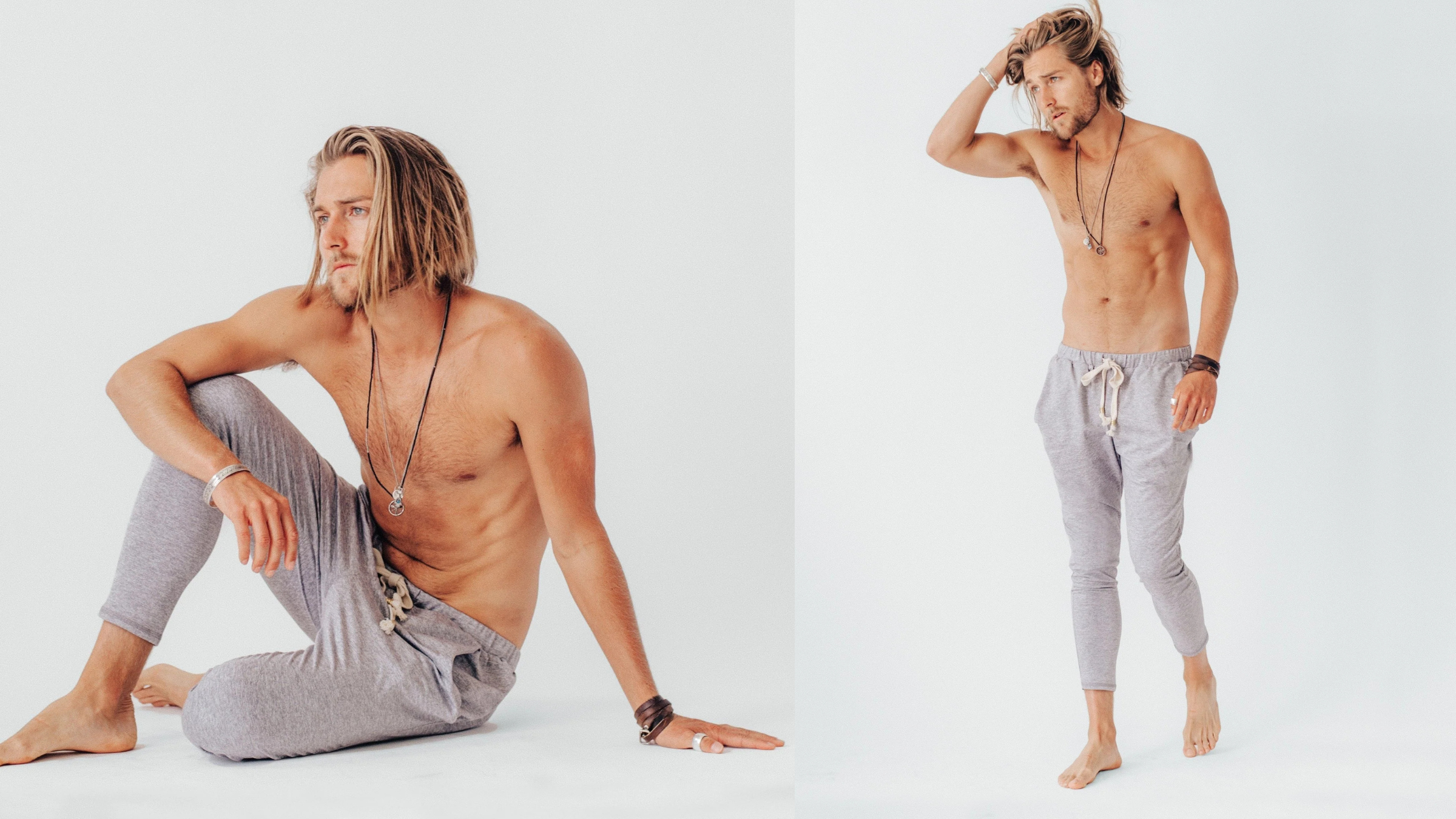 composite image of shirtless man sitting and standing in light gray yoga pants in white room